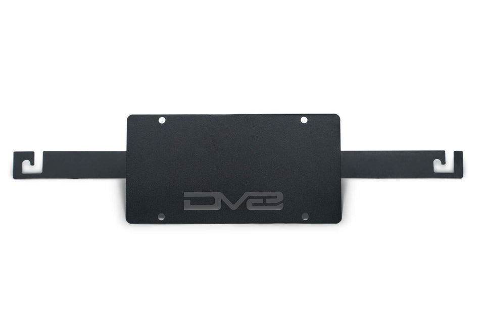 DV8 Offroad flat license plate mount black powder coat product shot showing full bracket assembly for 2021-2026 Ford Bronco Capable Steel Bumper