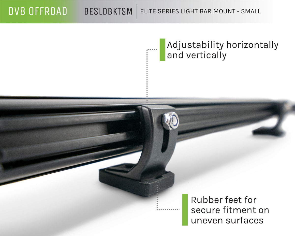 DV8 Offroad small elite series LED light bar mount annotated diagram showing horizontal and vertical adjustability and rubber feet for secure fitment on uneven surfaces