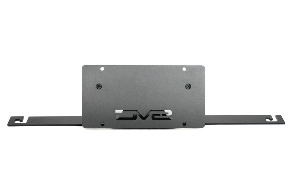 DV8 Offroad slanted license plate mount black powder coat product shot showing full bracket assembly for 2021-2026 Ford Bronco Capable Steel Bumper