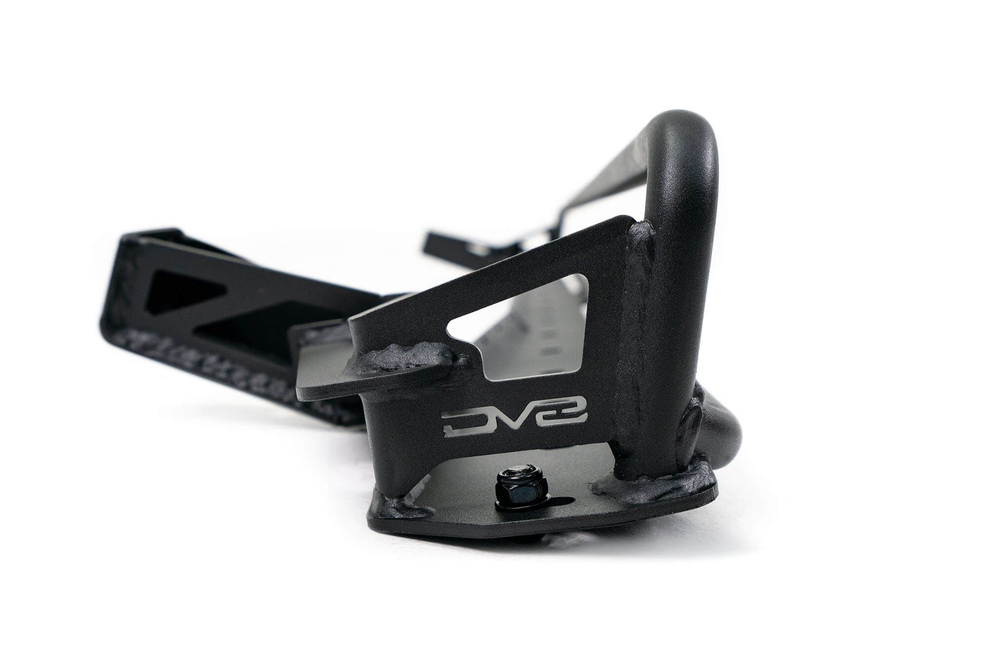 DV8 Offroad 52-inch straight light bar mount close-up showing end bracket with DV8 logo and adjustment mechanism